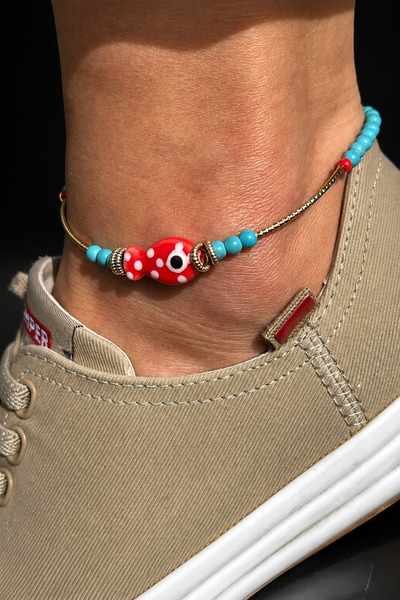 ByMerve Bym Gold Glass Fish Figured Blue Beaded 26 cm Elegant Women's Anklet