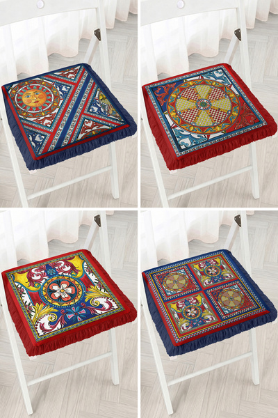 Realhomes Tile Patterned Sun and Colorful Mediterranean Motif 4-Piece Fringed...
