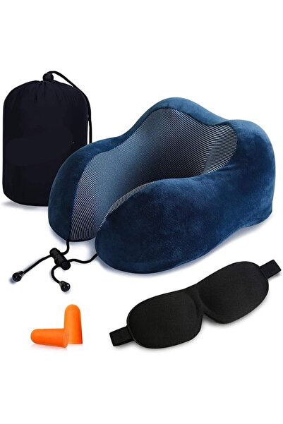 SWIUKPHE Dark Blue Ergonomic Memory Foam Travel Neck Pillow for Sleeping, Sof...