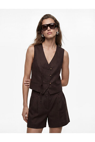 Koton V-Neck Pocket Detailed Lace-Up Linen Vest with Napoleon Closure Detail