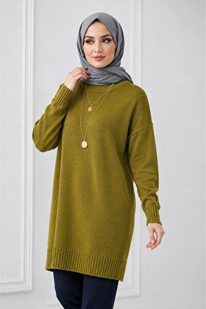 KAREL BUTİK Oil Green Crew Neck Oversize Women's Sweater Tunic