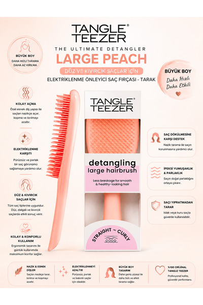 Tangle Teezer The Ultimate Detangler Large Peach – Saç Açıcı Fırça, Düz ve Kı...