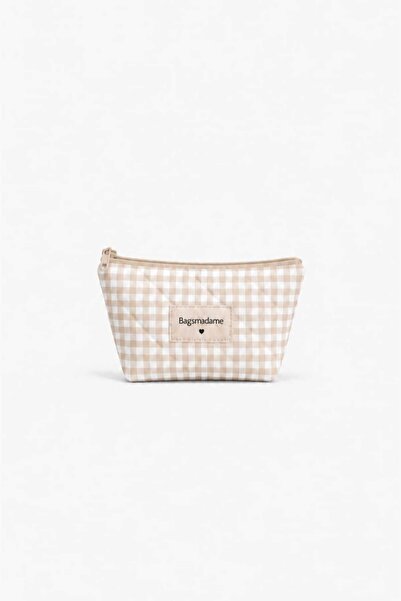 BagsMadame Beige Gingham Patterned Single Compartment Pen Holder Makeup Bag P...