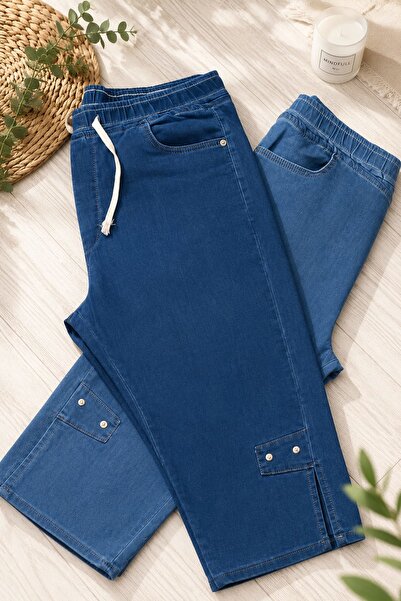 xlargebutik Women's Plus Size Jeans Capri Full Stretch Elastic Waist Dark and...