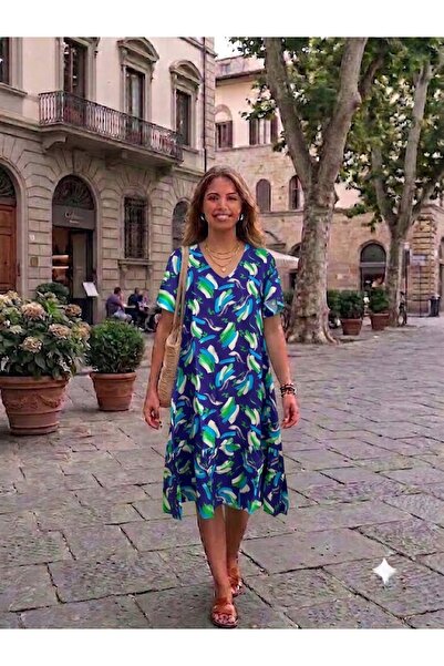 AYASOFYA OTANTIK Women's V-Neck Patterned Half Sleeve Dress with Pockets