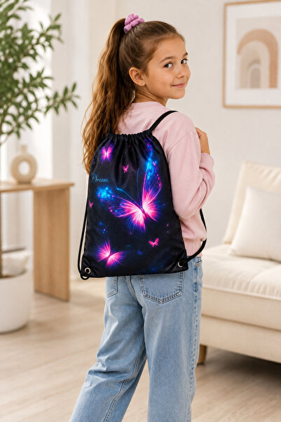 Generic Brand Rucsac Tip Săculeț pentru Fete cu Fluturi Colorați, Negru, Înch...
