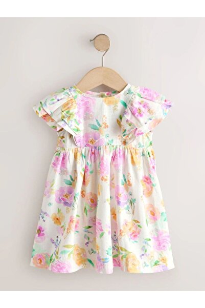 Next Baby Lilac Floral Patterned Linen Ruffle Sleeve Dress