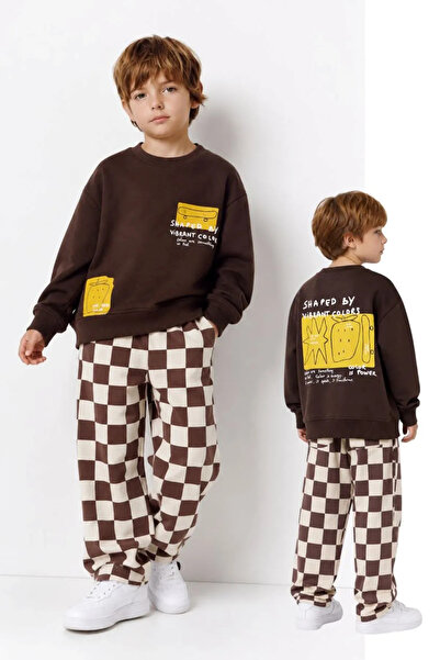Minigimin Cicileri Shaped by Checkered Boys' 2-Piece Set - Brown