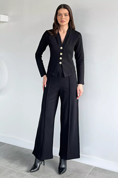 Aryena Black Women's Thessaloniki Fabric Cardigan Elastic Waist Palazzo Pants...