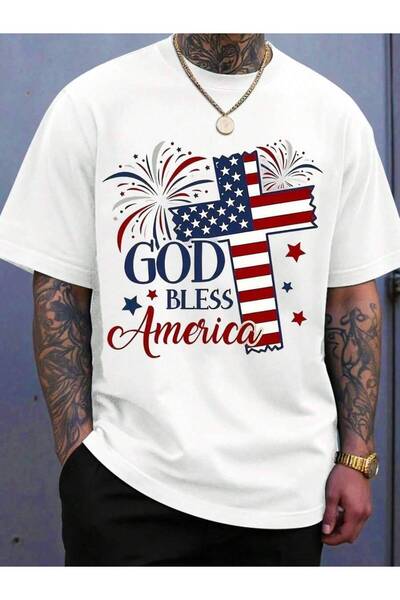 23ERVA God Bless America Patriotic Cross Flag T Shirt Independence Day Fourth...