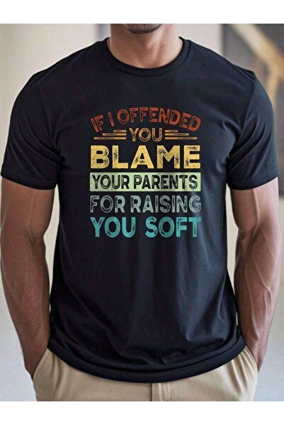 NOURAM تي شيرت أسود مطبوع عليه "Blame Your Parents" للرجال، برقبة دائرية، قمي...