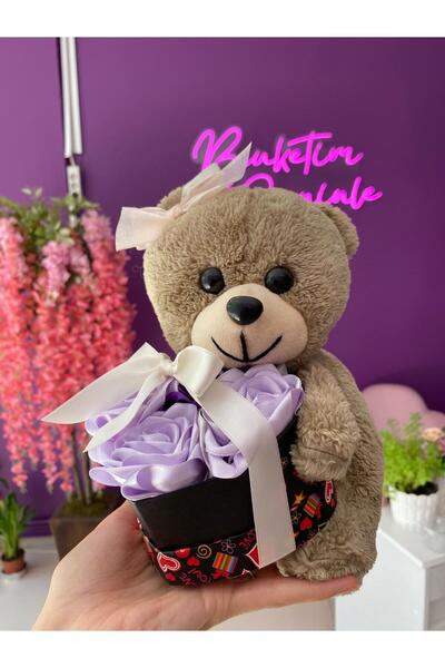 Buketim Seninle Milk Coffee Plush Teddy Bear and Satin Rose in Heart Box, Gif...