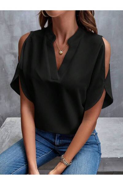 StilVibe Women's Stand Collar Off-The-Shoulder V-Neck Loose Blouse