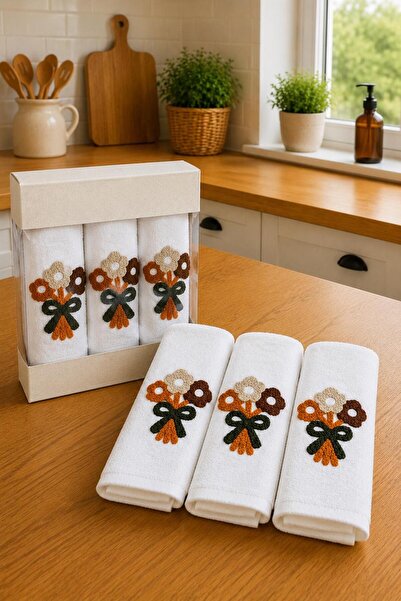 Hig Store Bahar 3'lü Nakışlı Hediyelik Çeyizlik %100 Pamuk Mutfak Havlusu Set...