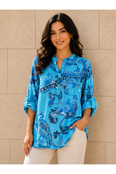 AGORATEKSTİL Women's Original Italian Cotton Fabric 3 Buttons Patterned Shirt...