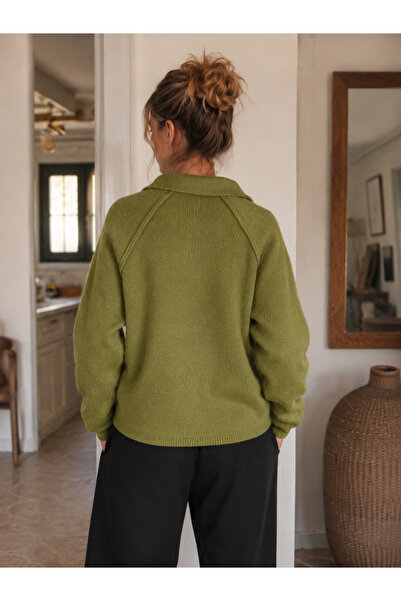 Retrobird Rosalie Oversize Polo Yaka Çift Fermuarlı Triko Hırka Kadın Haki