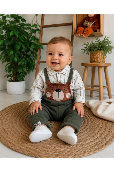 hümabebe Seasonal 2-Piece Baby Boy Set with Teddy Bear Figure, Linen Shirt an...