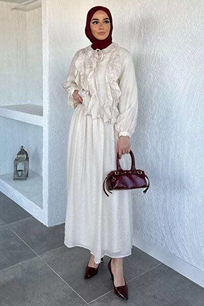 GÜLSELİ Ecru Front Ruffled Skirt and Blouse Combination Hijab Two-Piece Set