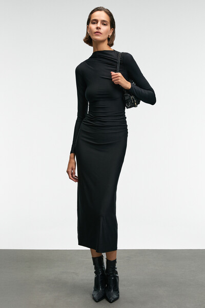 ETHIQUET Eflour Women's Long Black Dress with Stand Collar and Drawstring Det...