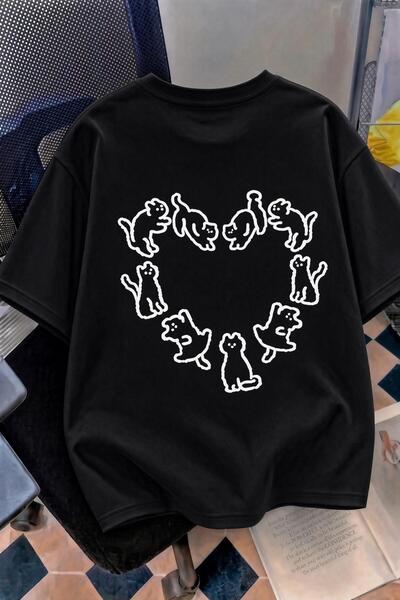 Oksit Cat Heart Pattern Oversize/Relaxed Cut Short Sleeve T-Shirt