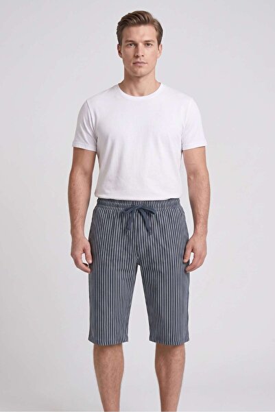 OBJE Men's Navy Blue Striped Patterned Combed Cotton Modal Capri