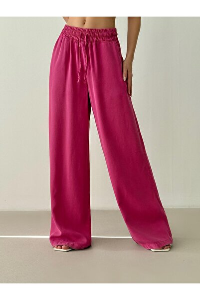 Clothes Fast Women's Fuchsia Palazzo Trousers with Elastic Waist, Lace-Up, Si...