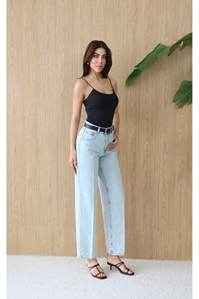 Clothes Fast Women's Light Blue High Waist Belt Detailed Balloon Fit Light Bl...