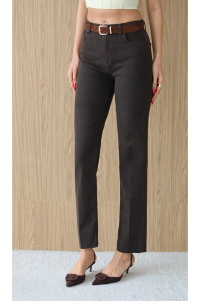 Clothes Fast Pantaloni de damă DARK BROWN BELTED, cu talie înaltă, cu tăietur...