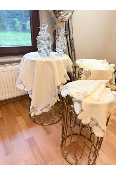 Ceki Home Cream Dowry Flowers Model 5 Piece Linen Lace Living Room Set Runner...