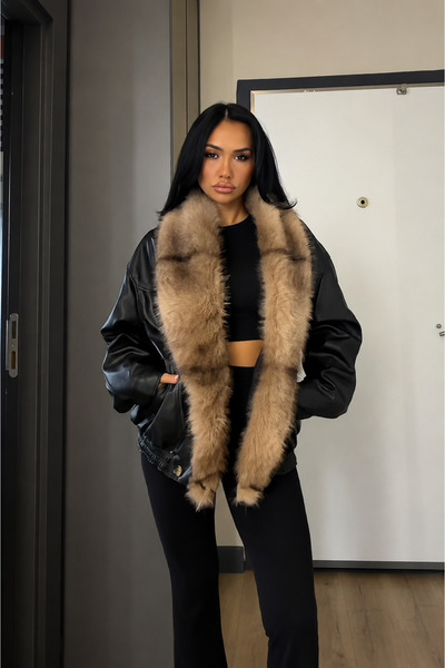 OKSOCOLLECTİON İthal Kürk Yaka Oversize Deri Ceket