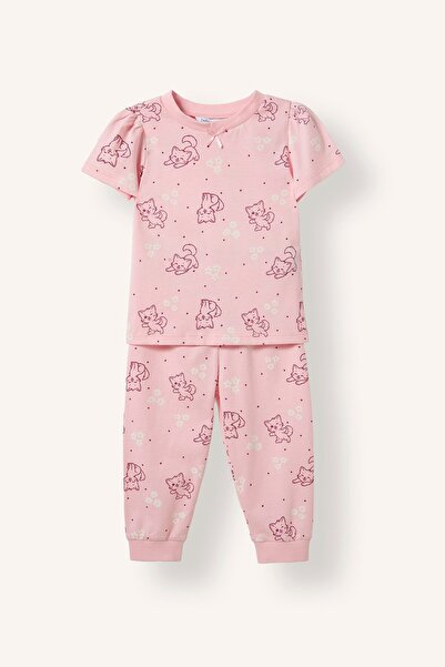 DeFacto Short Sleeve Patterned Top Flexible Bell Bottom 2-Piece Pajama Set Ba...