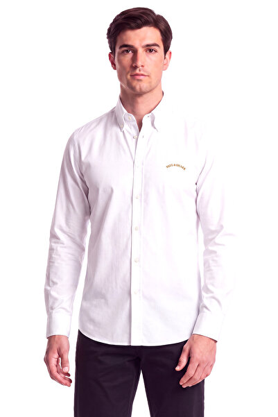PAUL&SHARK Men's Regular Fit Logo Label Cotton Long Sleeve White Shirt