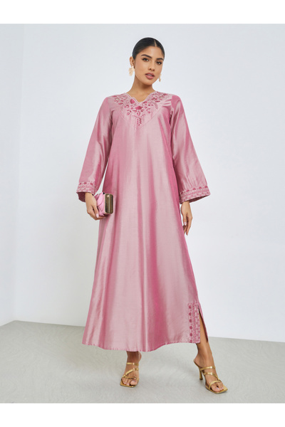 Amirah By Styli Pink Embroidered Yoke Jalabiya