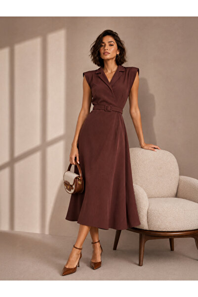 Styli Brown Solid Belted Sleeveless Sheath Midi Dress