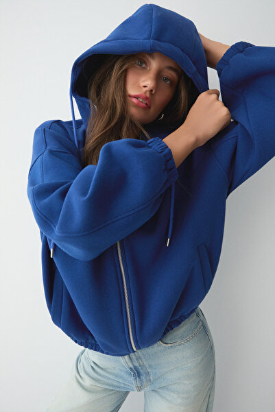 ETHIQUET VALIT Kadın Çift Cepli Eteği Ve Kol Ucu Lastikli Fermuarlı Oversize Saks Mavi Sweatshirt