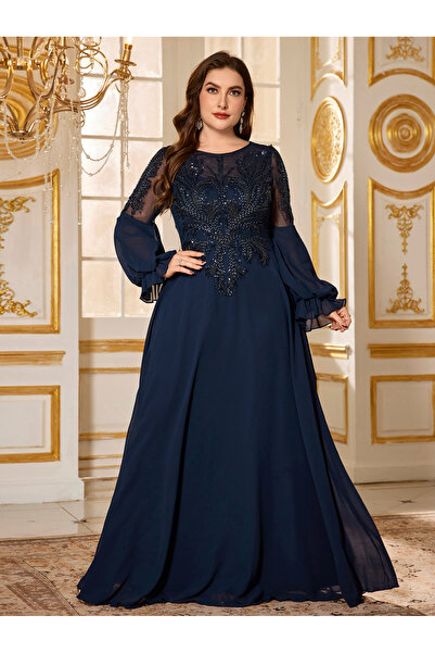SUPGIR Plus Size Navy Blue Embroidered A-Line Maxi Dress