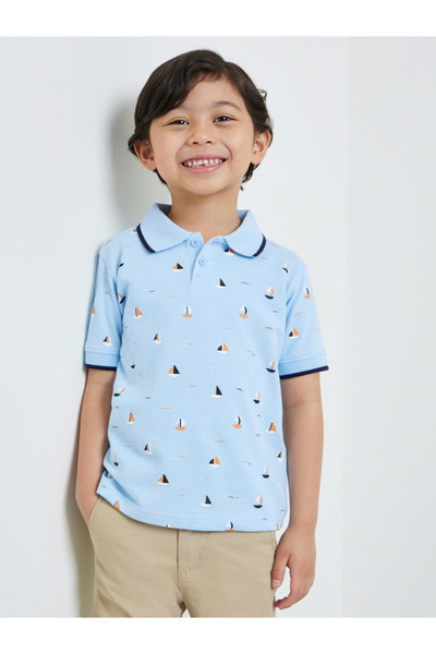 Styli Boys Light Blue Cotton Polo T-Shirt with Sailboat Print
