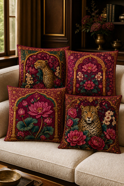 dekomingo Leopard and Lotus Flower Patterned Burgundy Gold Premium Decorative...