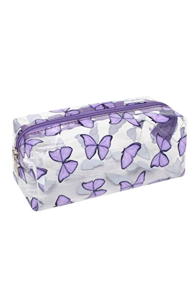 Zâna Casei Penar transparent tip tub cu fluturi lila 21x9x10cm