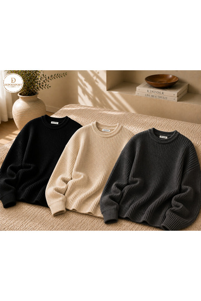 DepoExport Women's 3-Piece Crew Neck Oversize Knitwear Sweater Soft Knitted S...
