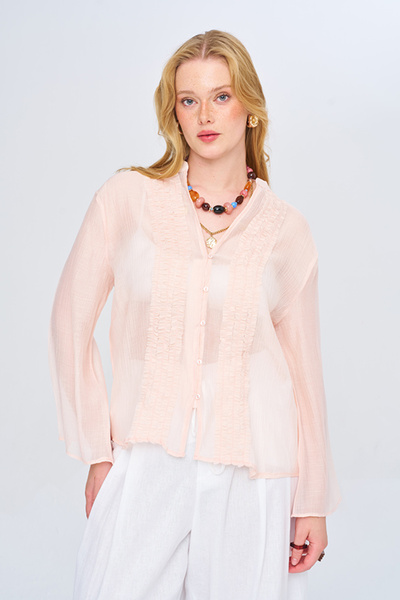 Orfeo Negro Women's High Collar Ruffle Detailed Transparent Pastel Color Shirt