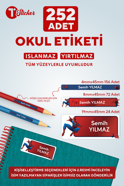 252 Adet Kişiye Özel Okul Etiketi ÖRÜMCEK ADAM