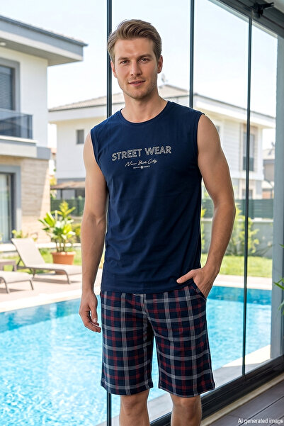 REMSA Men's Sleeveless Shorts Single Jersey Fabric Pajama Set 3377 Navy Blue