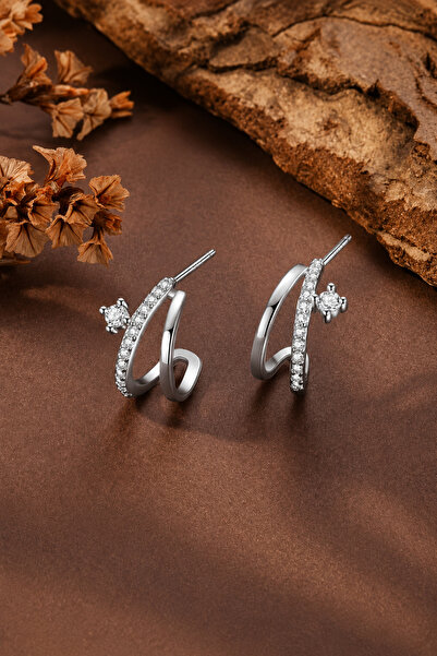 TREND COLLECTİON Women's Silver Zircon Stone Hoop Earrings