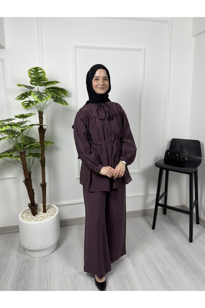 Sovel 3022 Waist-Tied Belt - Collar Detailed Peplum Trouser Suit