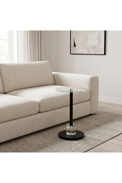 Ebticar Round End Table with Glass Top and Metal Frame – Black