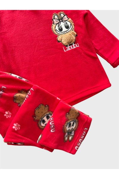 ALİŞ KİDS Girls-Boys Red Character Patterned Fleece Crew Neck Eye Patch Winter Pajama Set