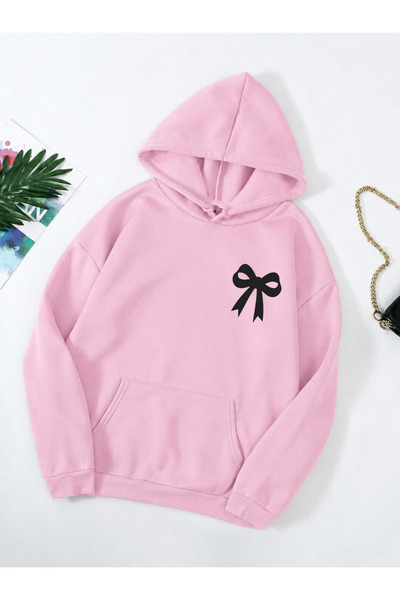 dont quıt Pink Hooded Sweatshirt with Black Ribbon