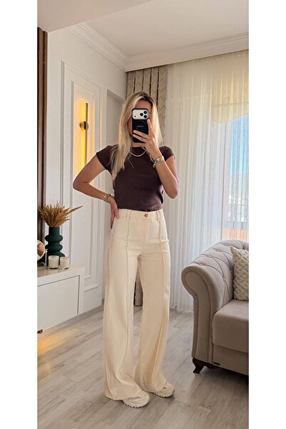 Hiloş Boutique Cream High Waist Wide Leg Jean Pants with Front Stitching Detail