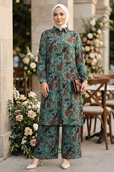 Neva Style Ethnic Patterned Indigo Blue Hijab Tunic Pants Set 95727Im